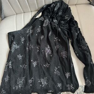 Rebecca Taylor Silk Black Top with Silver Floral Accents